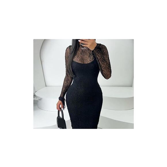 Sexy Slim Fit 2 Piece Black See-through Lace Long Sleeved Dress for Women. L - Picture 2 of 2